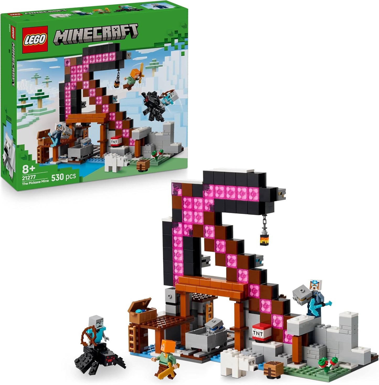 LEGO Minecraft The Pickaxe Mine - Brinquedo de Construção Interativo - Incluindo as Figuras de Jóquei Alex, Miner e Aranha Perdida - Decoração para Quarto de Jogador - Presente Colecionável para Meninos e Meninas a partir de 8 Anos - 21277