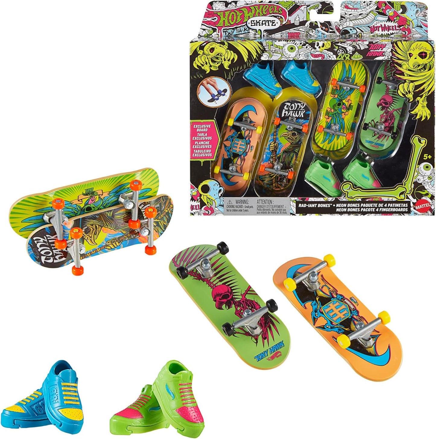Hot Wheels Skate Neon Bones - Conjunto com 4 skates de dedo e sapatos de skate removíveis, inspirados no Tony Hawk. Desenvolvido em colaboração com Tony Hawk, HXK84.