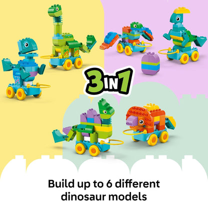 LEGO DUPLO 3 em 1 Dinossauros sobre Rodas - Brinquedo Educativo para Meninos e Meninas a partir de 3 Anos para Construir Figuras de Dinossauros Diplodoco e T. Rex, Triceratops e Estegossauro ou Pteranodonte e Parassaurolofo - 10451