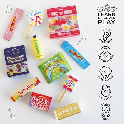 Le Toy Van - Conjunto de comida para brincar de doces e doces de madeira | Brinquedo de comida de madeira para dramatização infantil - adequado para 2 anos +