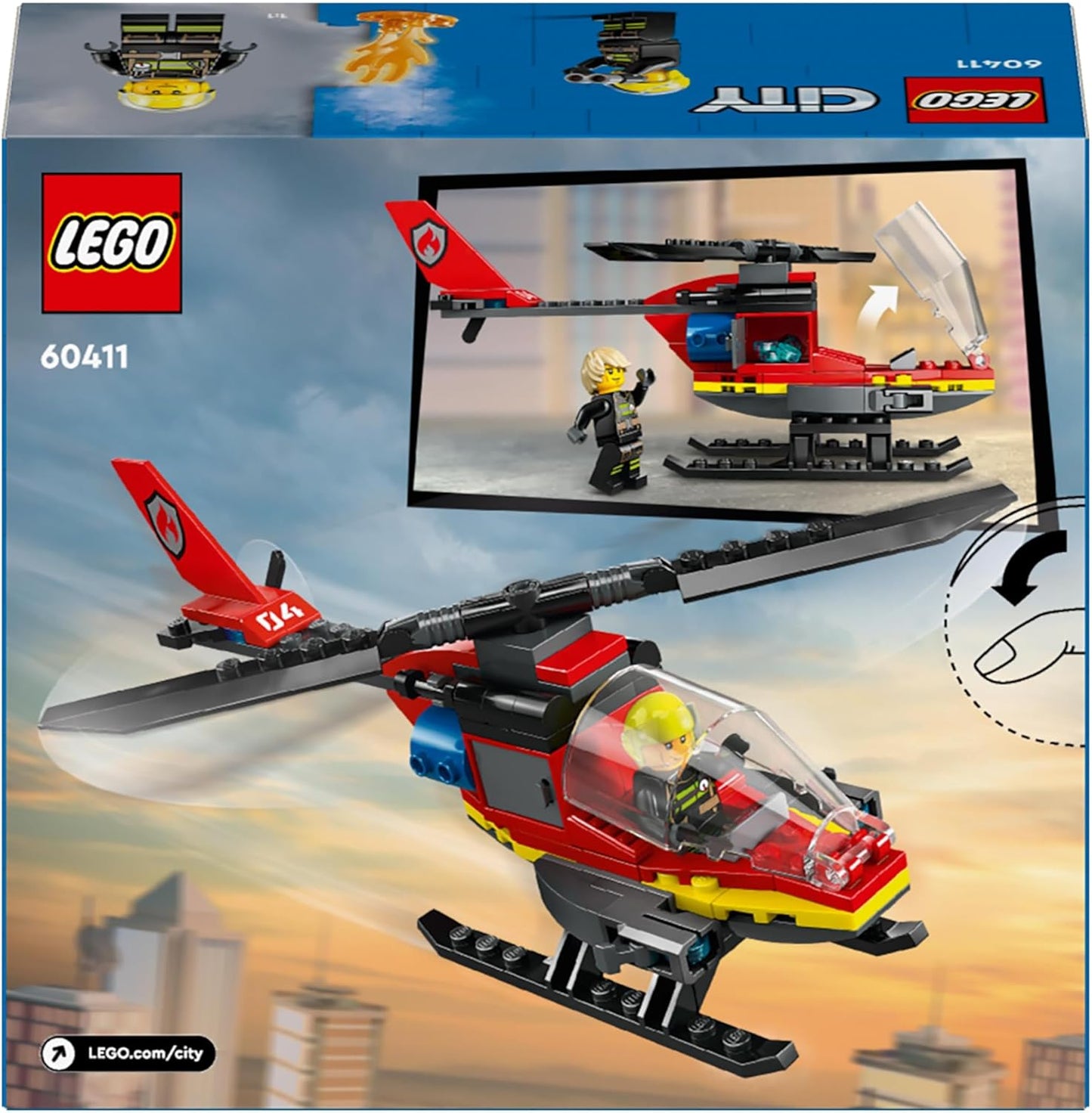 LEGO Urban Helicóptero de Rescate de Bomberos, juguete para niños y niñas a partir de 5 años, juego de construcción de vehículos con minifigura de piloto de bombero, regalo de juego imaginativo para niños 60411