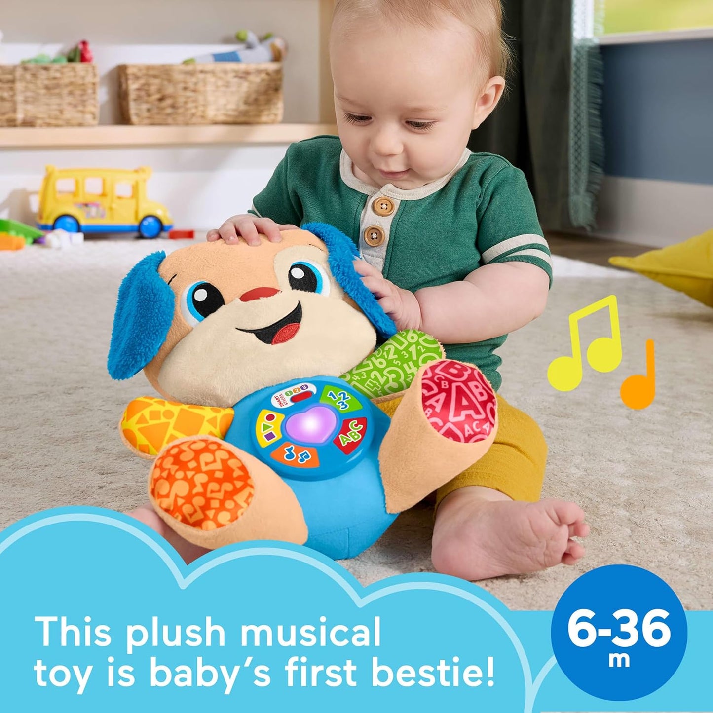 Brinquedo Educativo Fisher-Price Baby Laugh & Learn Smart Stages Cachorrinho de Pelúcia Musical com Estágios Inteligentes para Bebês a partir de 6 Meses, Versão Multilíngue: Holandês, Inglês, Francês, Alemão, Italiano, JFD20