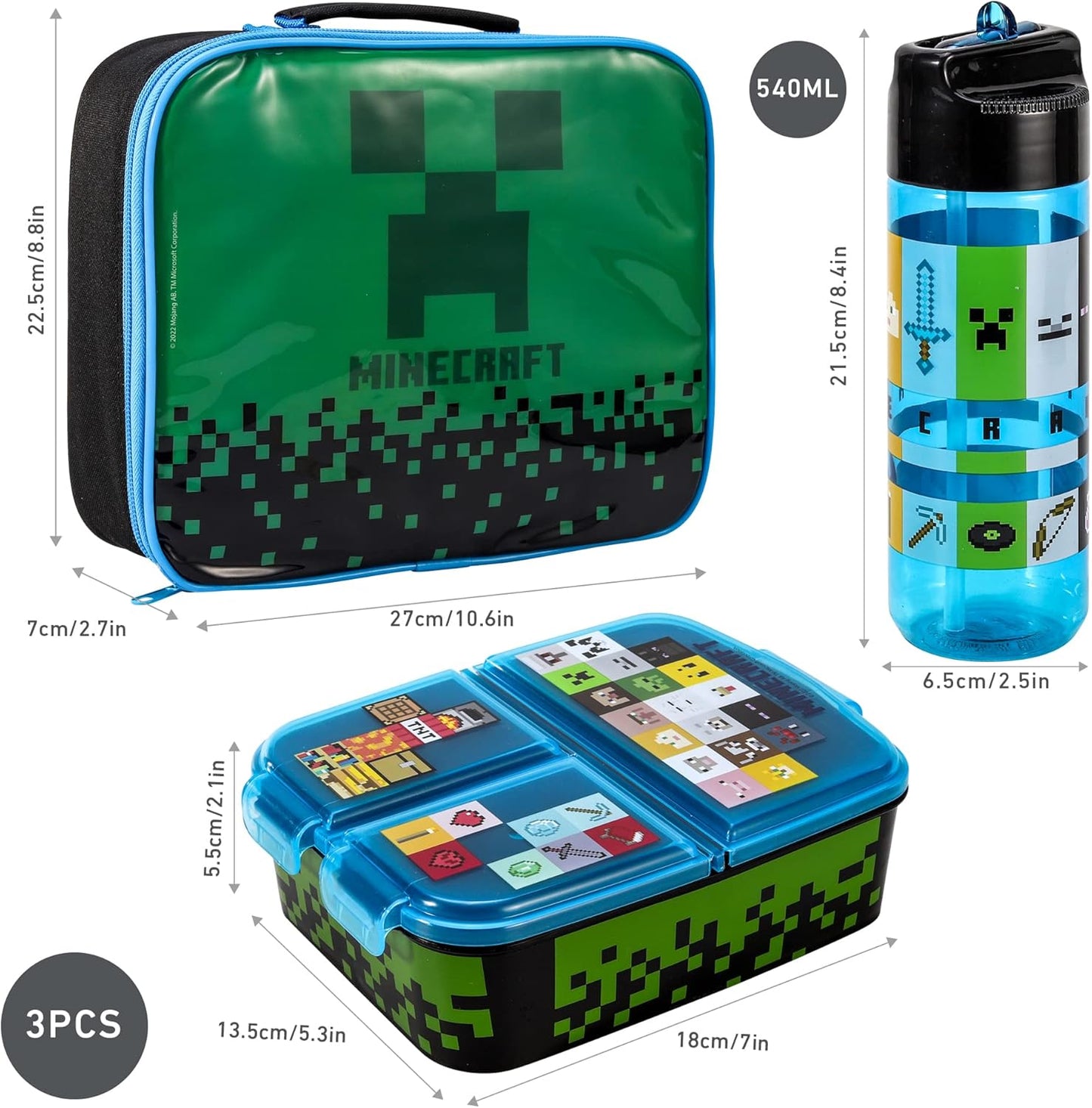 Zawadi Global Conjunto de lancheira infantil Minecraft Kids - lancheira isolada, lancheira com vários compartimentos e garrafa de água de 540 ml - conjunto de comida para almoço de viagem escolar, sem BPA