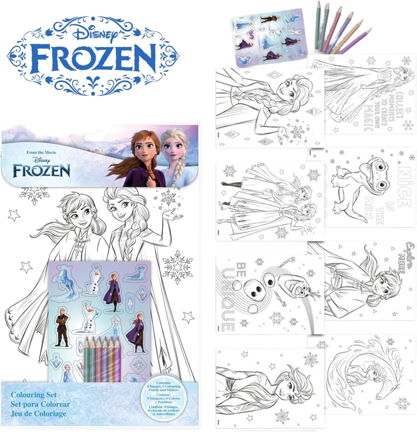 Conjunto de colorir Disney Frozen com 15 peças para crianças – 8 folhas para colorir, 6 lápis e adesivos reutilizáveis – Kit de atividades da Elsa e da Anna – Presente de arte e artesanato para viagens para meninas a partir de 3 anos