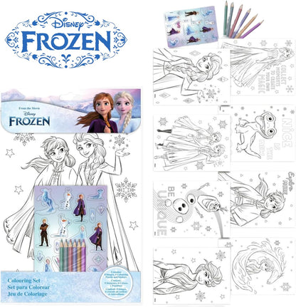 Conjunto de colorir Disney Frozen com 15 peças para crianças – 8 folhas para colorir, 6 lápis e adesivos reutilizáveis – Kit de atividades da Elsa e da Anna – Presente de arte e artesanato para viagens para meninas a partir de 3 anos