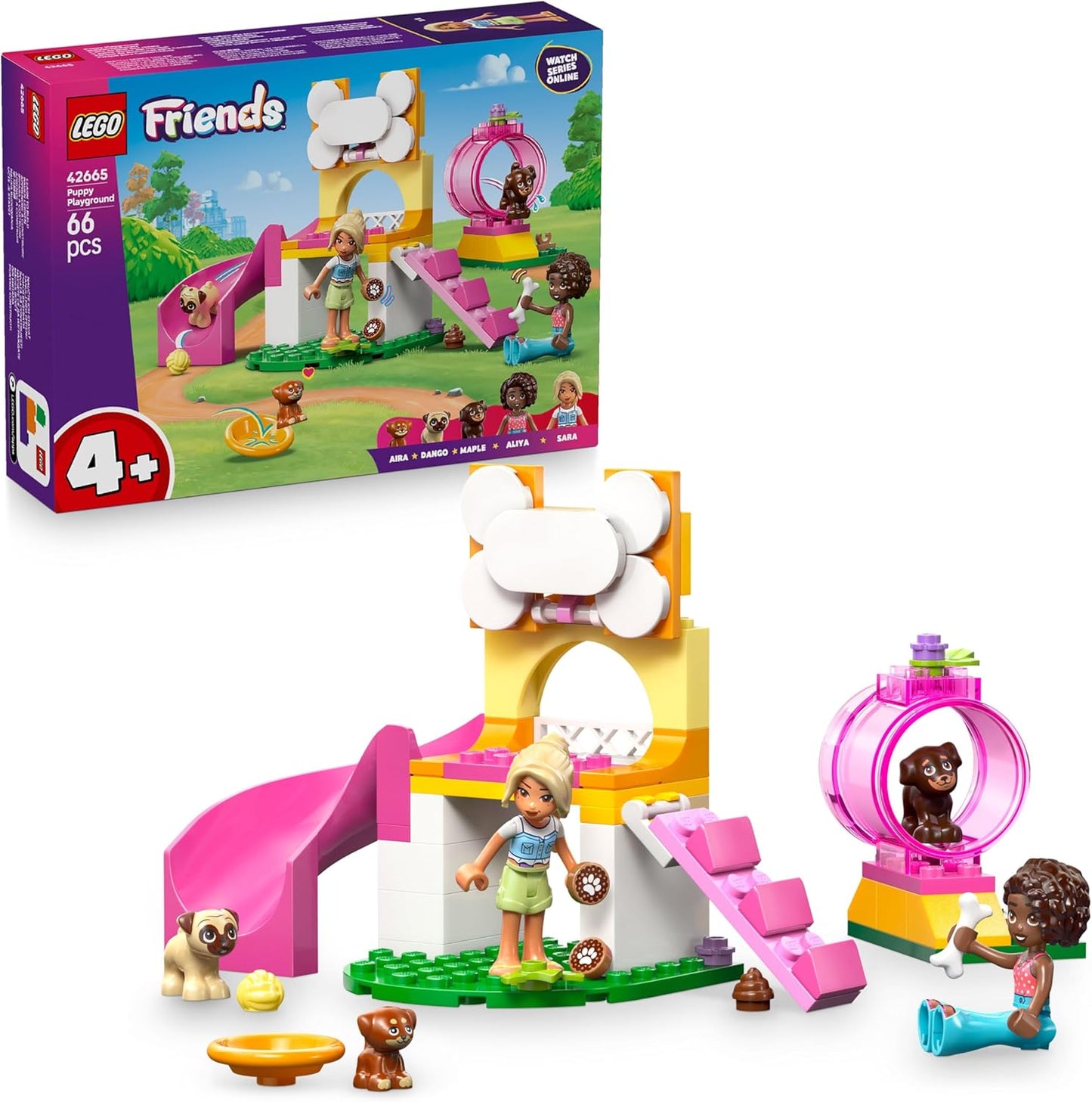 LEGO Brinquedo de playground Friends para filhotes de 4 anos ou mais - inclui um parque com escorregador, 2 minibonecas e 3 bonecos de cachorro - Ideia criativa para presente - 42665