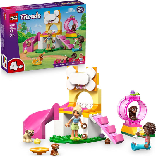 LEGO Brinquedo de playground Friends para filhotes de 4 anos ou mais - inclui um parque com escorregador, 2 minibonecas e 3 bonecos de cachorro - Ideia criativa para presente - 42665