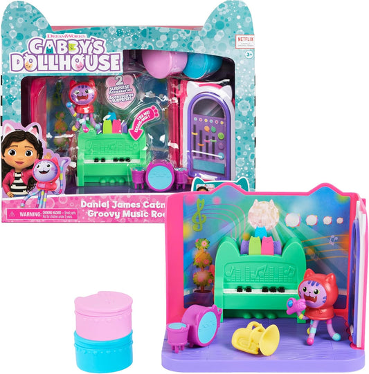 Gabby's Dollhouse, Sala de Música Groovy com Figura de Catnip do Daniel James, 2 Acessórios, 2 Peças de Mobília e Carrinho de Brinquedo Carlita com Figura Colecionável do Pandy Paws e 2 Acessórios.