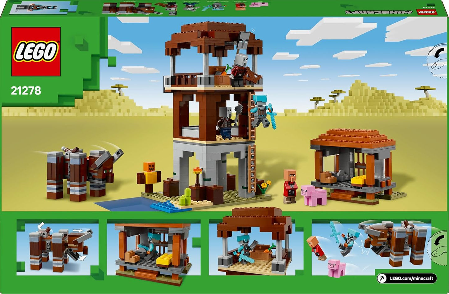 LEGO Minecraft The Pillager Outpost and Ravager - Brinquedo de construção de fortaleza de vila, incluindo uma figura de Ravager articulável com função de mandíbula estalando - Presente para meninos e meninas a partir de 8 anos - 21278