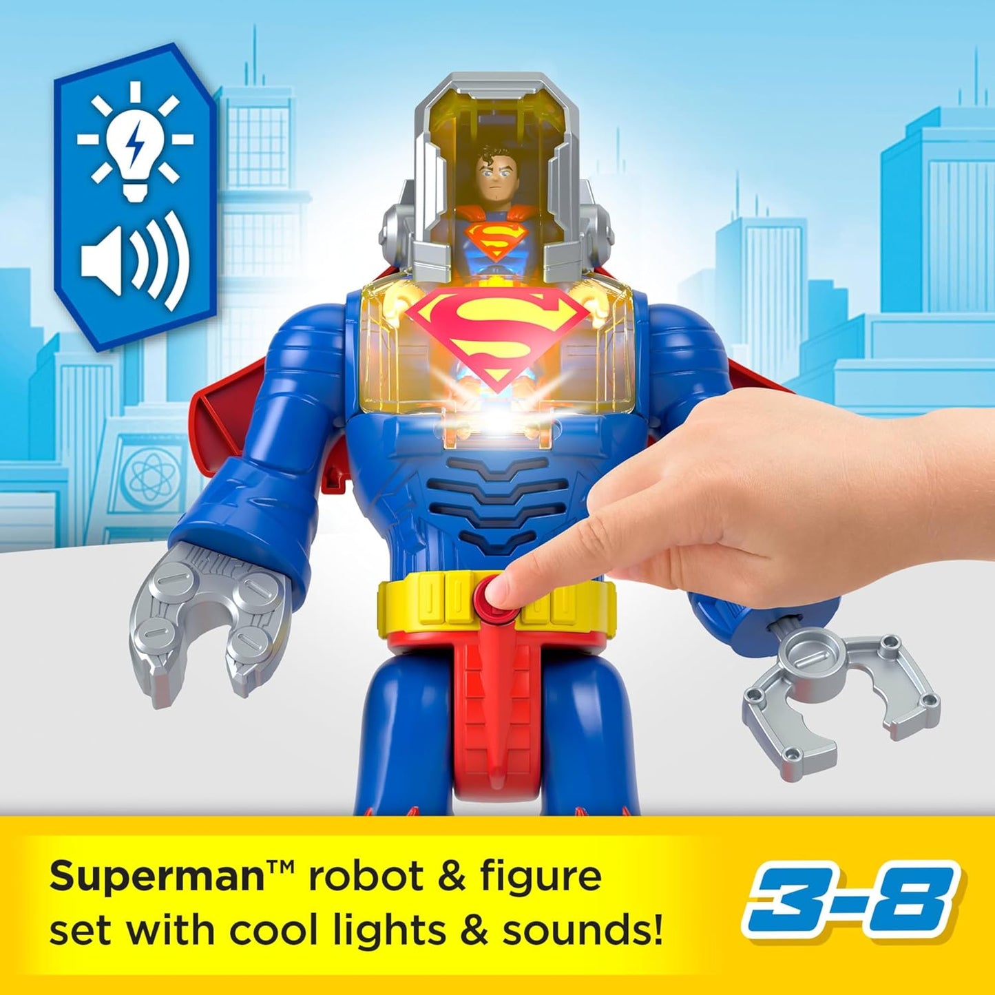 Fisher-Price Imaginext DC Super Friends Superman Brinquedo Insider e Exo Traje Robô de 30 cm com Luzes e Sons para Crianças a partir de 3 Anos, JCT47