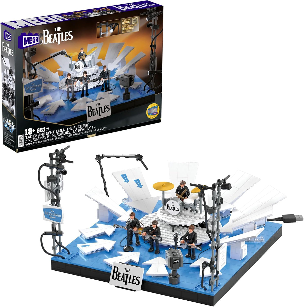 MEGA Conjunto de Montar The Beatles com 681 Peças, 4 Bonecos Articulados e Palco do Ed Sullivan, com Luzes LED, para Colecionadores Adultos, HVH42