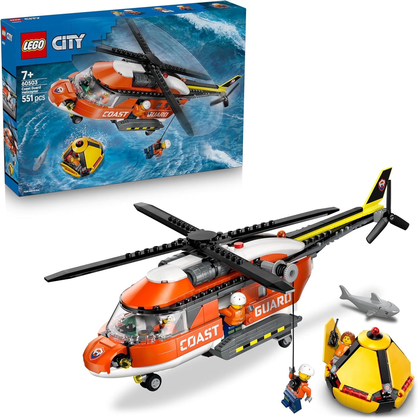 LEGO City Helicóptero da Guarda Costeira - Kit de Modelo de Veículo de Emergência com Portas Deslizantes, Guincho, 4 Minifiguras e Figura de Tubarão - Presente de Aniversário para Meninos a partir de 7 Anos - 60503