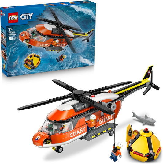 LEGO City Helicóptero da Guarda Costeira - Kit de Modelo de Veículo de Emergência com Portas Deslizantes, Guincho, 4 Minifiguras e Figura de Tubarão - Presente de Aniversário para Meninos a partir de 7 Anos - 60503