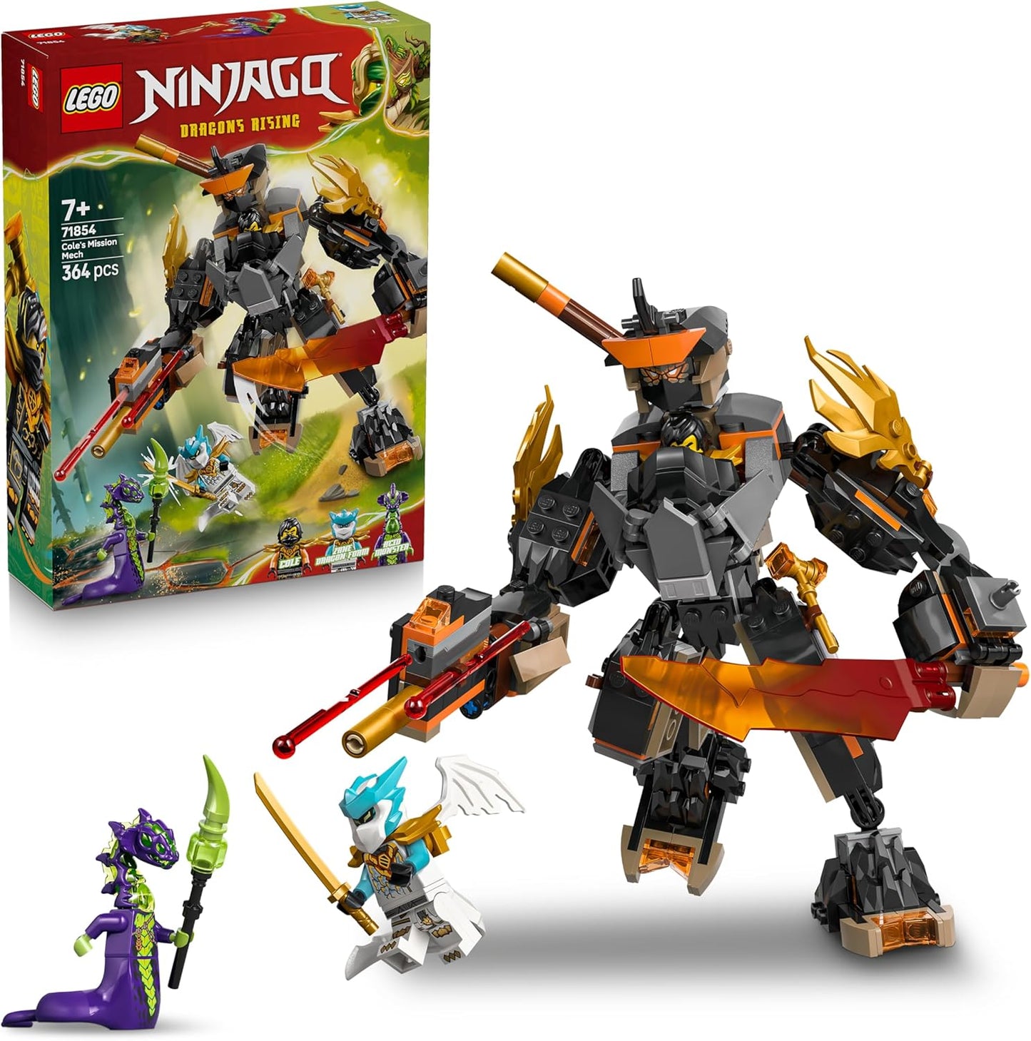 LEGO NINJAGO Missão do Cole: Robô e Dragão Zane - Brinquedo Ninja com Figura de Ação, 3 Minifiguras e Espadas - Presente de Aniversário para Meninos e Fãs a partir de 7 Anos - 71854