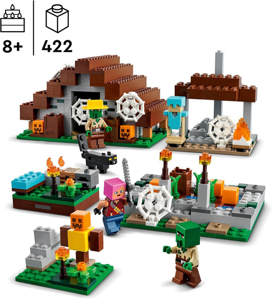 LEGO 21190 Minecraft The Abandoned Village Construction Set com acampamento de caçadores de zumbis, oficina, casa e brinquedo de fazenda, além de figuras de aldeões e gatos