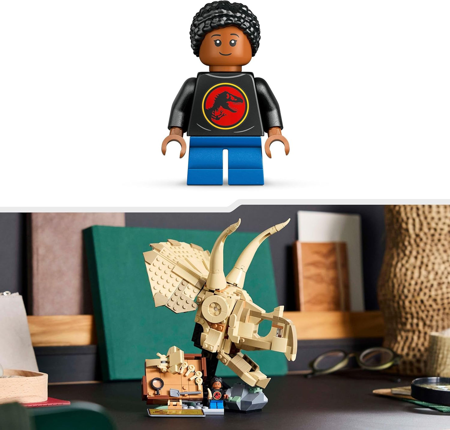 LEGO  Fósseis de dinossauro Jurassic World: modelo de crânio de triceratops, brinquedo de dinossauro para meninos e meninas de mais de 9 anos, com mandíbula de abertura e expositor, ideia de presente de aniversário