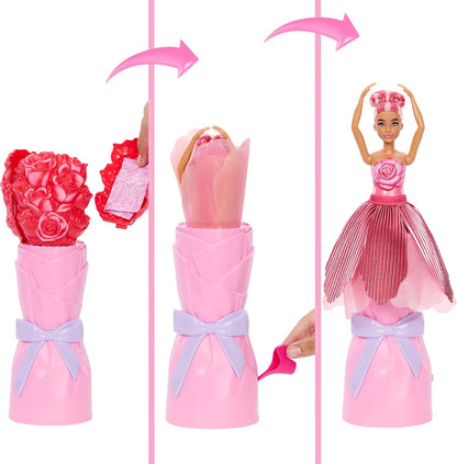 Barbie Petal Pop Boneca Perfumada com Vestido de Rosas e Acessórios, Revelação de Buquê com Coelhinho de Estimação e Surpresas como Regador, Colar e Brincos, JMF59