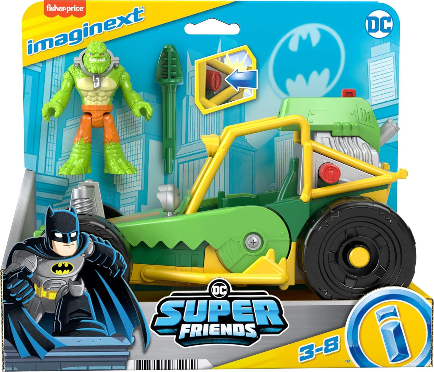 Fisher-Price DC Super Friends Figura do Crocodilo Assassino e Carrinho de Brinquedo com Lançador de Projéteis para Brincadeiras de Faz de Conta na Pré-Escola, HML05