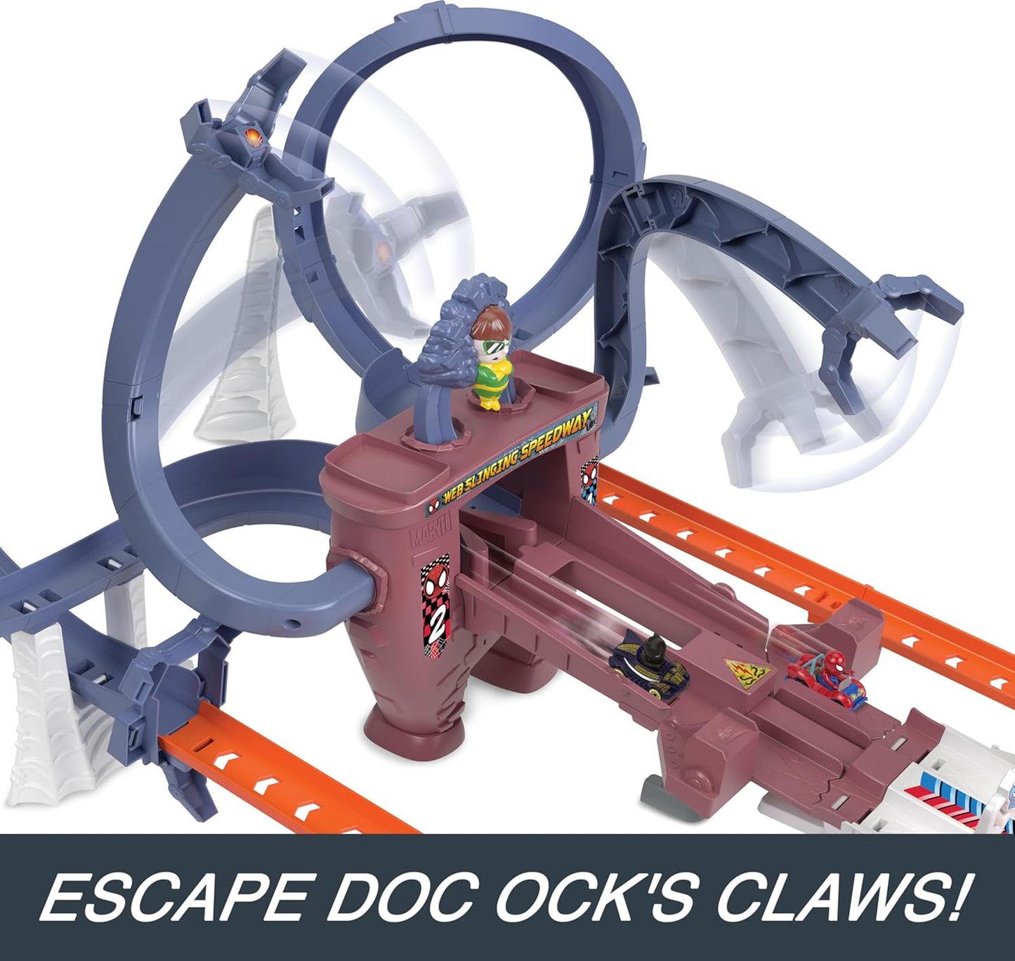 Hot Wheels RacerVerse Spider-Man’s Web-Slinging Speedway Track Set com Hot Wheels Racers Spider-Man e Black Panther, corrida de várias voltas para escapar do Doutor Octopus, HTM08
