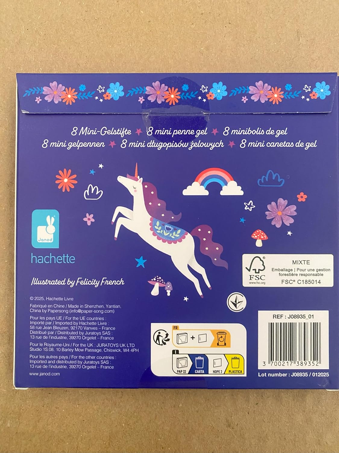 Janod - 8 Mini Canetas de Gel Glitter - Efeitos Glitter - Tema Unicórnio - Caneta para Desenhar, Colorir, Ideia de Presente para Adolescentes - Papelaria - 6 Anos ou Mais - J08935, Roxo, Azul