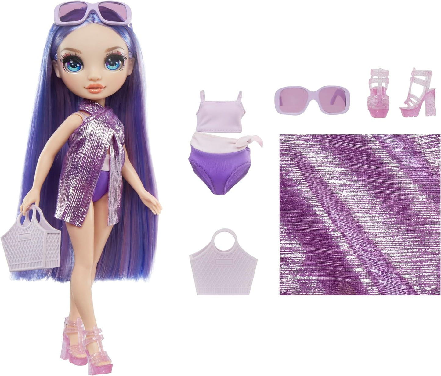 Rainbow High Swim & Style – Violeta (roxo) – Boneca de 28 cm com envoltório cintilante para estilizar mais de 10 maneiras – Maiô removível, sandálias, acessórios divertidos para brincar – Brinquedo infantil – Ótimo para idades de 4 a 12 anos