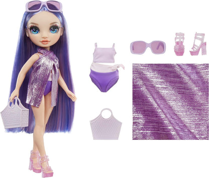 Rainbow High Swim & Style – Violeta (roxo) – Boneca de 28 cm com envoltório cintilante para estilizar mais de 10 maneiras – Maiô removível, sandálias, acessórios divertidos para brincar – Brinquedo infantil – Ótimo para idades de 4 a 12 anos