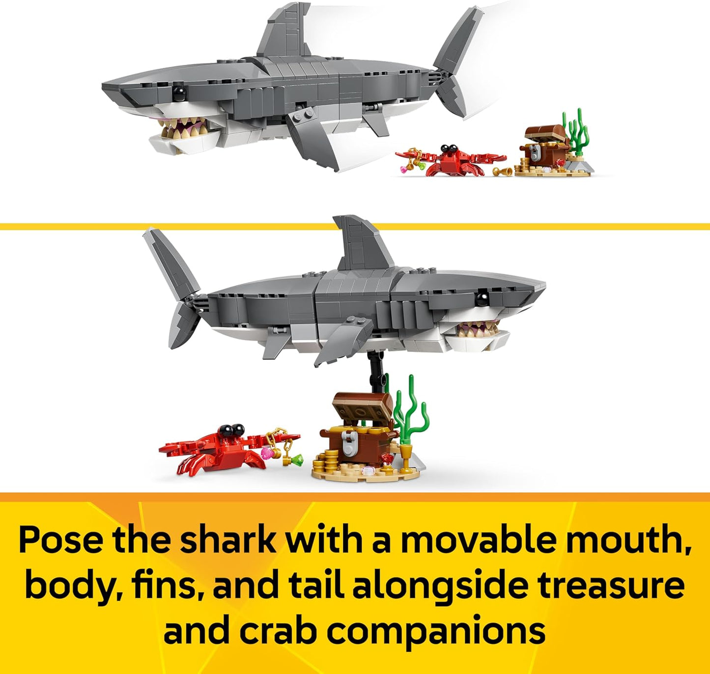 LEGO Creator 3 em 1 Tubarão Feroz com Baú do Tesouro - Figura de Animal Marinho que se Transforma em Peixe-diabo ou Arraia-manta - Ideia de Decoração para Quarto de Meninos e Meninas a partir de 8 Anos - 31381