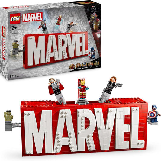 LEGO Marvel: MARVEL Logo & Minifigures - Brinquedo de construção de super-heróis com 5 personagens incl. Homem de Ferro, Thor, Viúva Negra e Hulk - Presente dos Vingadores para meninos, meninas e adolescentes com mais de 12 anos