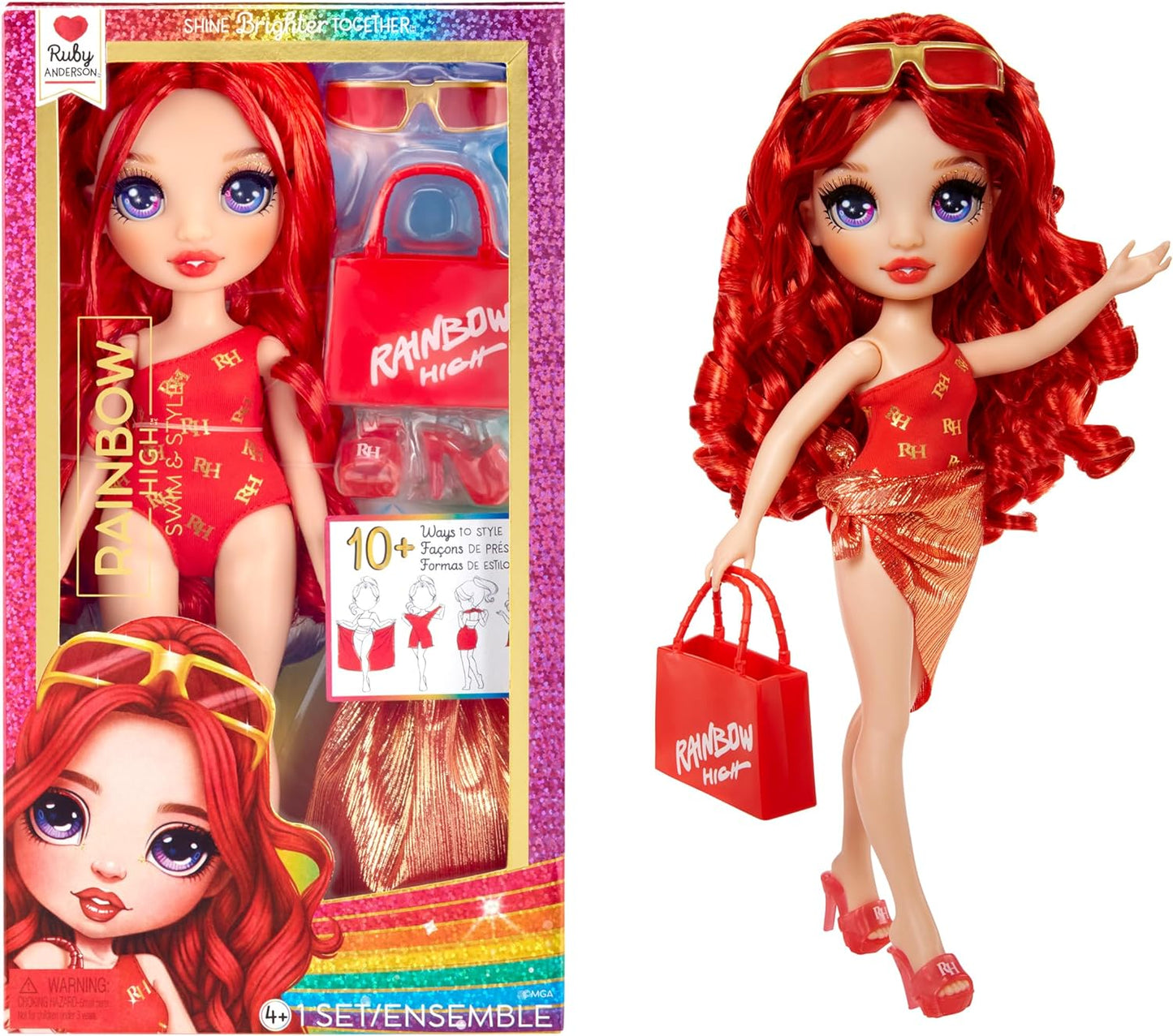 Rainbow High Swim & Style – Ruby (vermelho) – Boneca de 28 cm com envoltório cintilante para estilizar mais de 10 maneiras – Maiô removível, sandálias, acessórios divertidos para brincar – Brinquedo infantil – Ótimo para idades de 4 a 12 anos