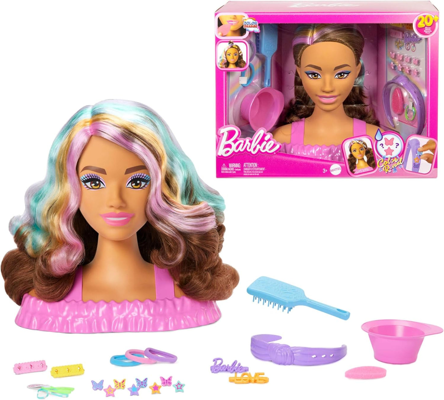 Barbie Cabeça de boneca com mais de 20 acessórios para penteados, incluindo grampos de cabelo com mudança de cor de estrela e borboleta, JFG81 Cabeça de boneca Barbie com cabelo castanho escuro, JFG82