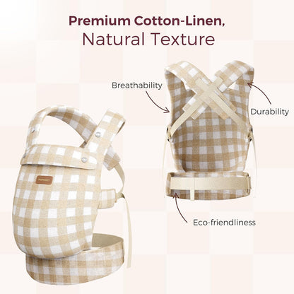 Momcozy Canguru em algodão e linho natural, resistente, design ergonômico, leve e confortável, mãos livres para mamães e papais, estampa xadrez marrom.