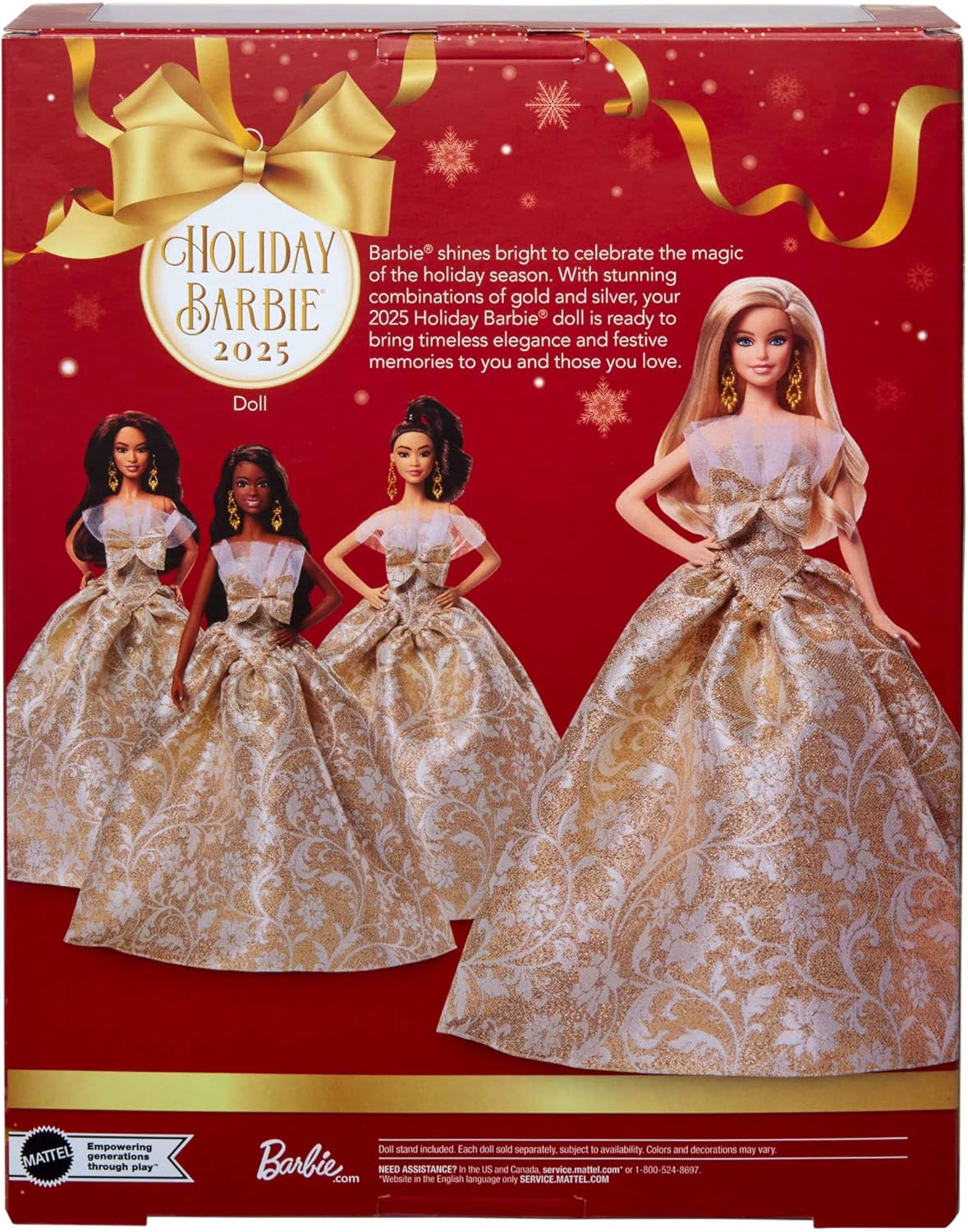 Barbie Signature, Barbie Loira de Natal 2025, Vestindo Vestido Prateado e Dourado, Colecionável Sazonal em Embalagem e Suporte para Exibição, JBJ00