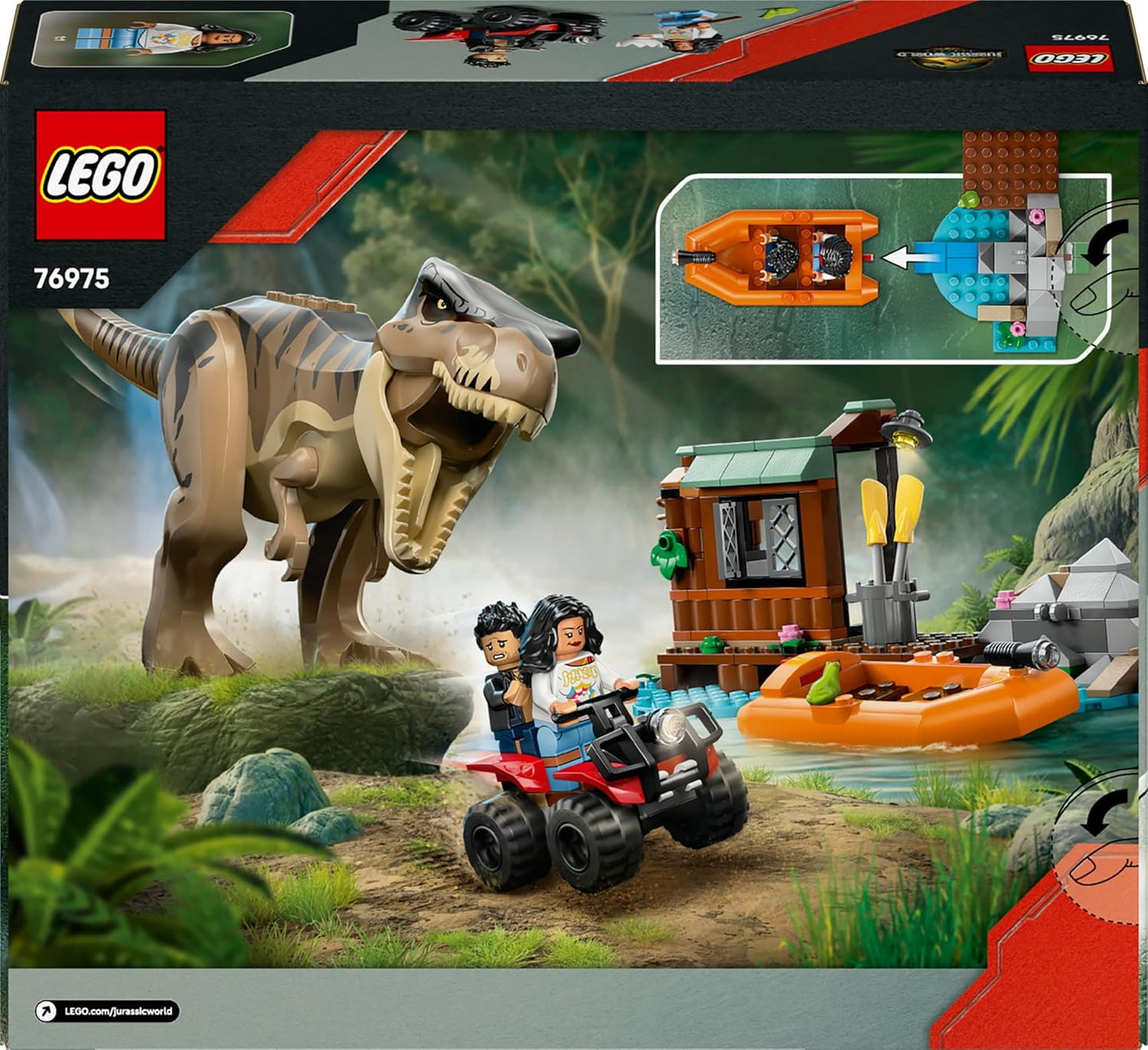 LEGO Jurassic World Fuga do T. rex no Rio - Brinquedo Interativo de Dinossauro - Inclui uma Figura de Dinossauro, Barco de Brinquedo, Quadriciclo e 2 Minifiguras - Presente para Meninos e Meninas a partir de 5 Anos - 76975