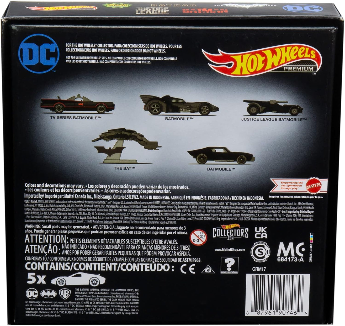Hot Wheels Pacote Batman, 5 Batmóveis favoritos dos fãs, escala 1:64, veículos de brinquedo, embalagem especial, para brincar ou exibir, para fãs e colecionadores do Batman.