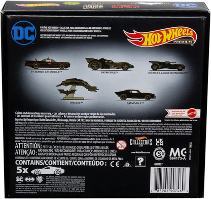 Hot Wheels Pacote Batman, 5 Batmóveis favoritos dos fãs, escala 1:64, veículos de brinquedo, embalagem especial, para brincar ou exibir, para fãs e colecionadores do Batman.