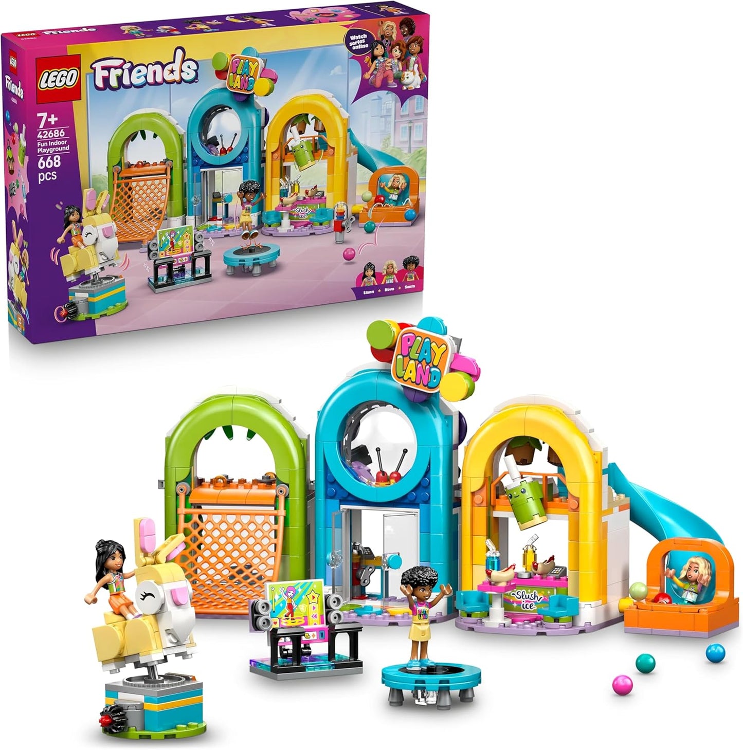 LEGO Friends Parque Infantil Divertido para Ambientes Fechados - Brinquedo Criativo com Escorregador, Piscina de Bolinhas, Carrossel, Lanchonete, 3 Mini Bonecas e Acessórios - Presente de Aniversário para Meninas a partir de 7 Anos - 42686