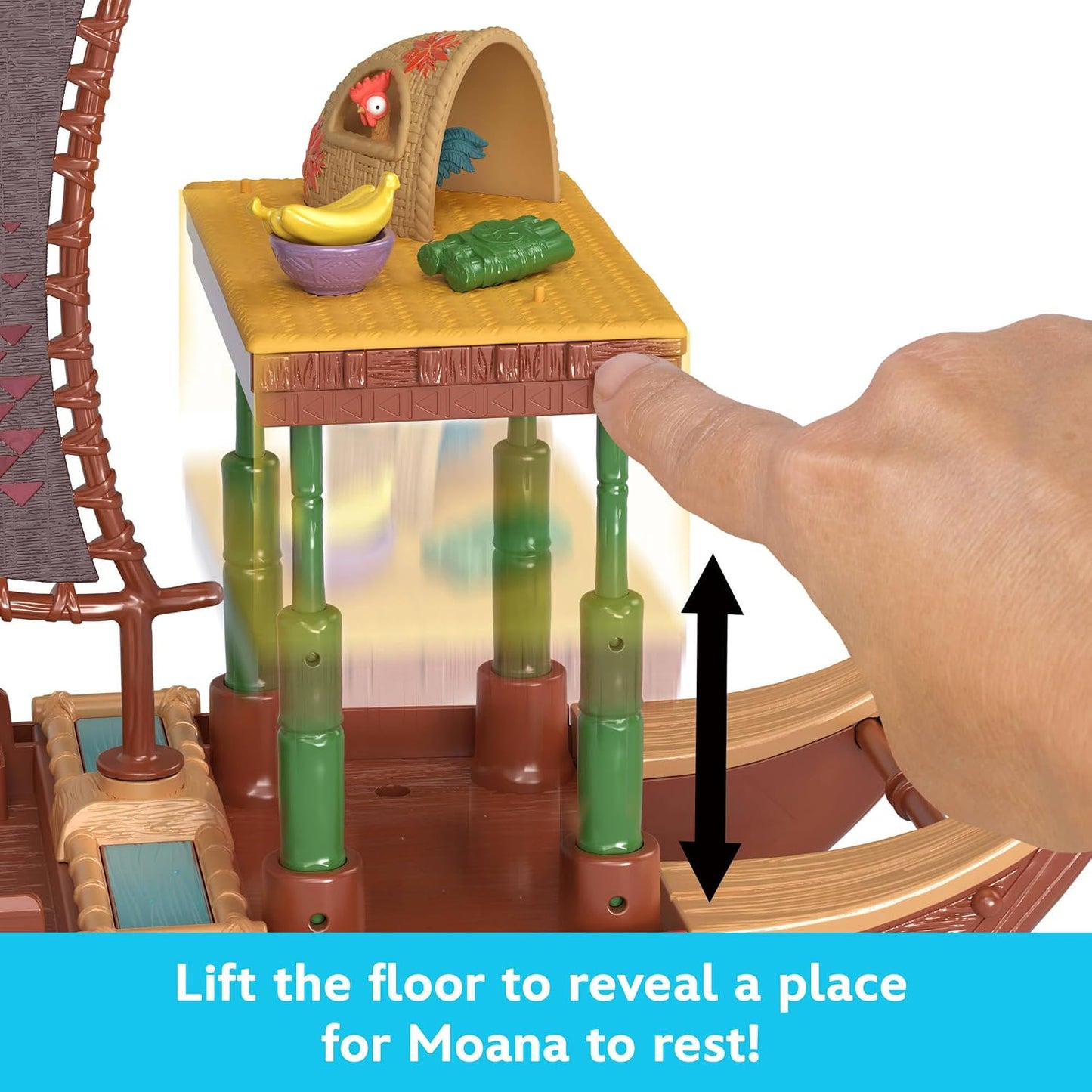 Mattel Conjunto Disney Moana 2 – Canoa de Aventura que Flutua | Boneca pequena articulada da Moana com saia removível, figura do animal Heihei, 6 áreas de brincar e 10 acessórios, JBT54
