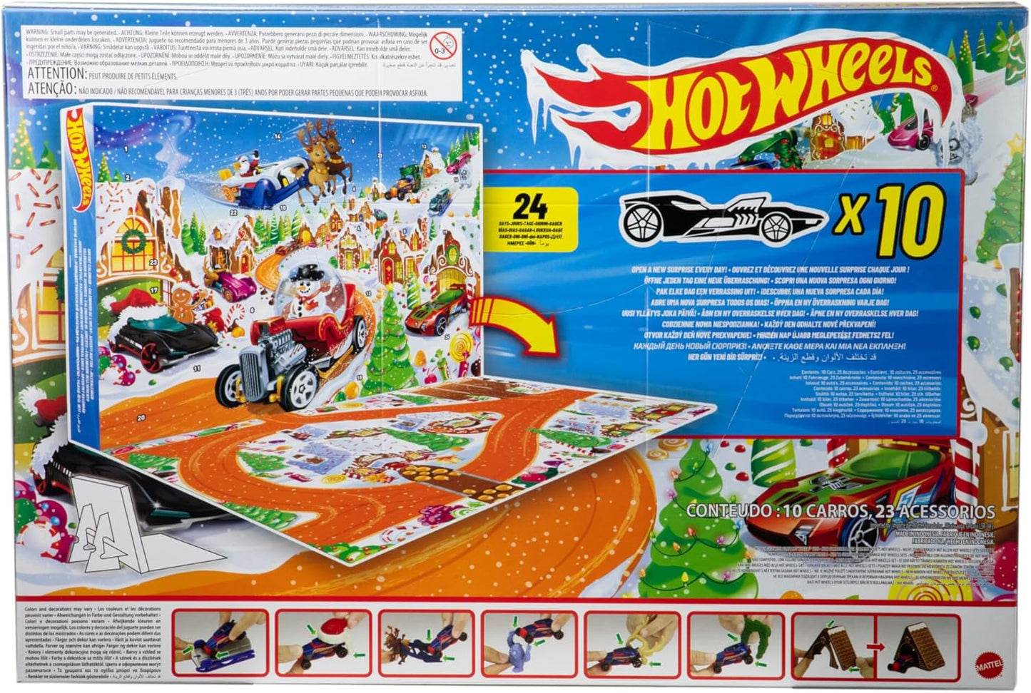 Conjunto de Carrinhos e Playset Hot Wheels, Calendário do Advento 2025 com 10 Veículos em Escala 1:64, 10 Clips para Enfeites e 14 Acessórios com Tema de Inverno, JCB47