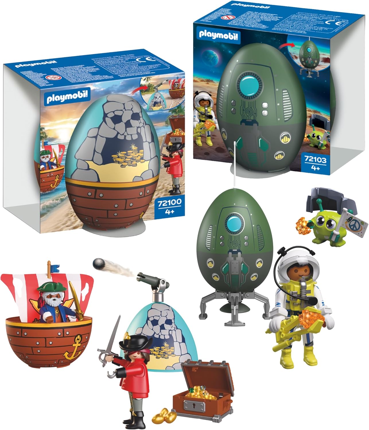 Playmobil Conjunto Play Egg Piratas e Espaço | 2 Ovos Surpresa com Bonecos e Acessórios | Mini Mundo para Montar | Reutilizável como Cofre | Presente de Páscoa para Crianças a partir de 4 Anos | 210447