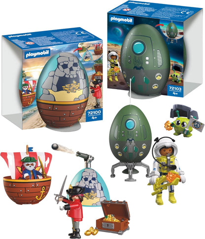 Playmobil Conjunto Play Egg Piratas e Espaço | 2 Ovos Surpresa com Bonecos e Acessórios | Mini Mundo para Montar | Reutilizável como Cofre | Presente de Páscoa para Crianças a partir de 4 Anos | 210447