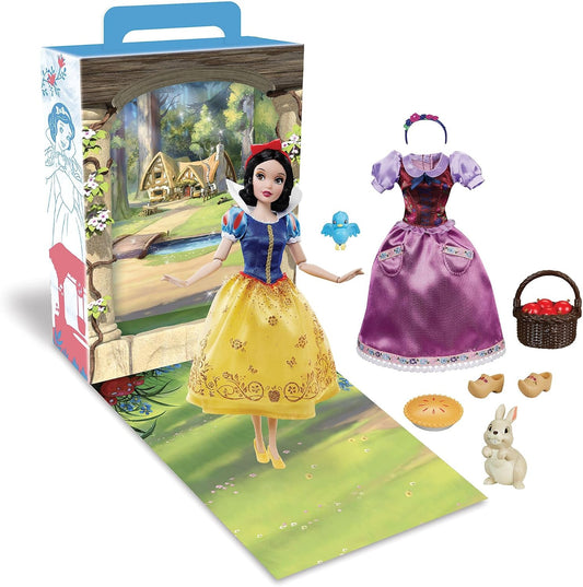 Disney Store Official Snow White Story Doll, Branca de Neve e os Sete Anões, 28 cm/11”, com maçãs, 2 roupas, acessórios, pacote de colorir e atividades e caixa que se dobra para um palco de brincadeira, para maiores de 3 anos