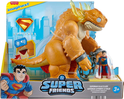 Fisher-Price Brinquedo Imaginext Superman da com luzes, sons, movimento e figura de ação de 7,6 cm, monstro de 25,4 cm com correntes, JDL07