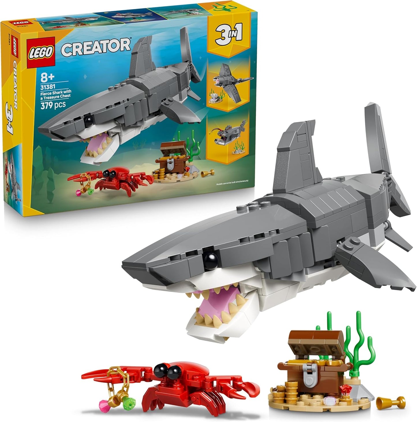 LEGO Creator 3 em 1 Tubarão Feroz com Baú do Tesouro - Figura de Animal Marinho que se Transforma em Peixe-diabo ou Arraia-manta - Ideia de Decoração para Quarto de Meninos e Meninas a partir de 8 Anos - 31381