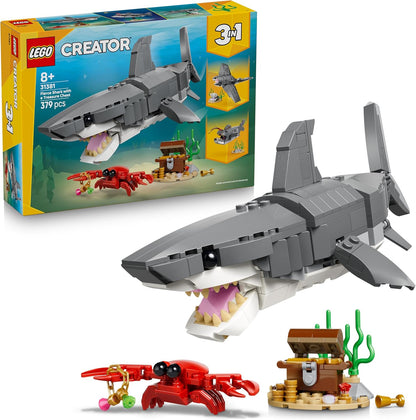 LEGO Creator 3 em 1 Tubarão Feroz com Baú do Tesouro - Figura de Animal Marinho que se Transforma em Peixe-diabo ou Arraia-manta - Ideia de Decoração para Quarto de Meninos e Meninas a partir de 8 Anos - 31381