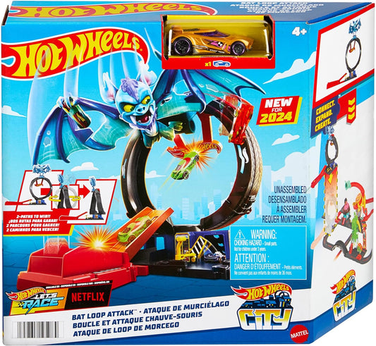 Hot Wheels Let's Race Netflix - Conjunto de pistas de carro de brinquedo urbano, Bat Loop Attack com laço ajustável e lançador, carro de brinquedo em escala 1:64, TAN78