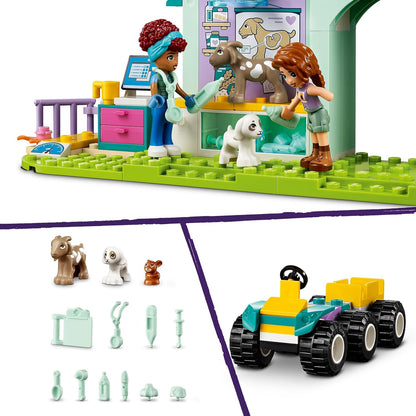 LEGO Conjunto de clínica veterinária de animais de fazenda Friends com trator de brinquedo para meninas, meninos e crianças de mais de 4 anos, inclui coelho, figuras de cabra, 2 personagens de miniboneca e elementos de comida para