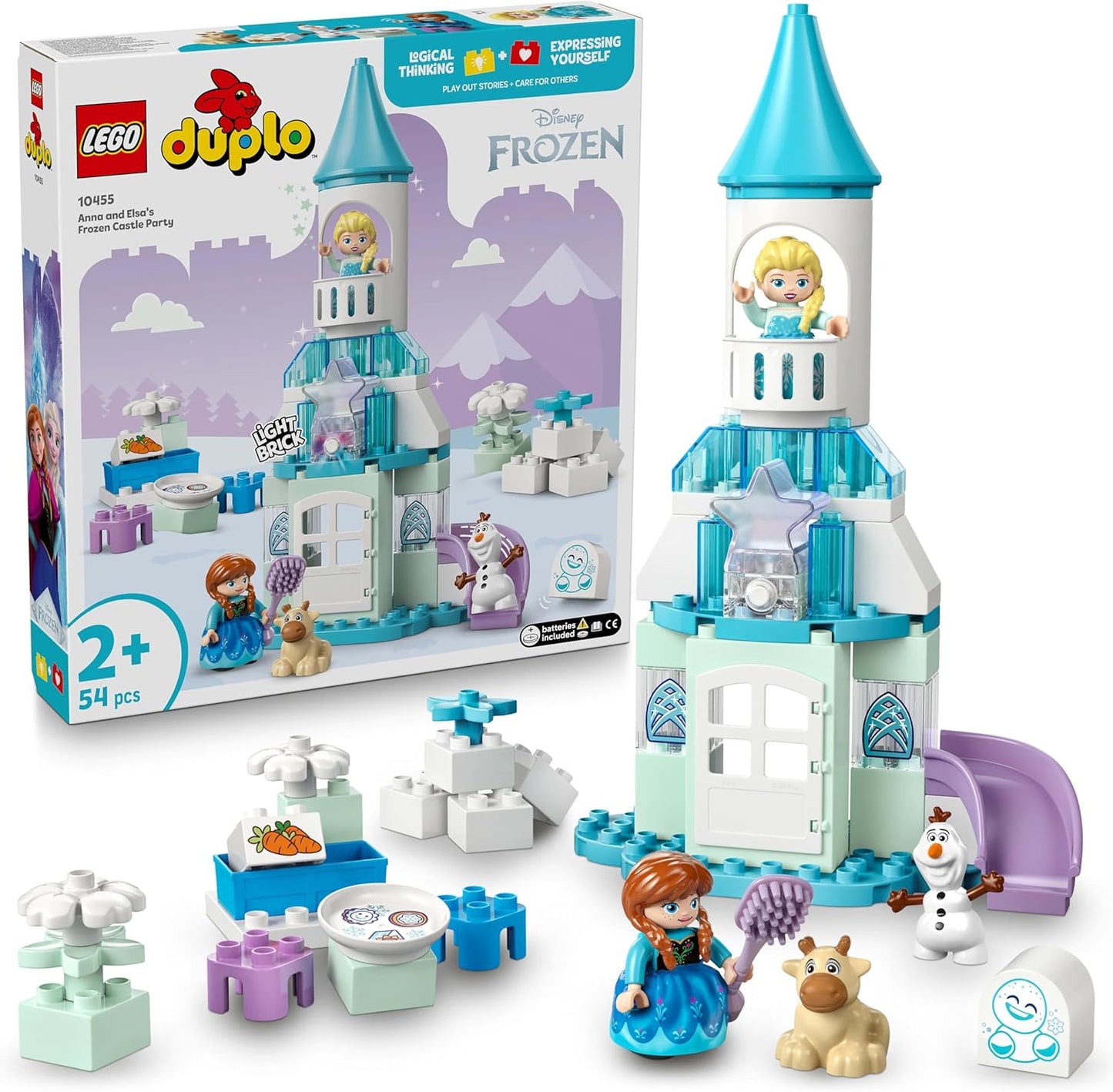 LEGO DUPLO│Festa do Castelo de Frozen da Disney Anna e Elsa - Brinquedo Educativo com 5 Figuras, incluindo Olaf e o Bebê Sven, além de um Bloco de Luz - Presente para crianças de 2 anos ou mais, meninas e meninos - 10455