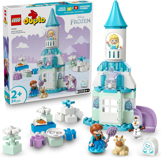 LEGO DUPLO│Festa do Castelo de Frozen da Disney Anna e Elsa - Brinquedo Educativo com 5 Figuras, incluindo Olaf e o Bebê Sven, além de um Bloco de Luz - Presente para crianças de 2 anos ou mais, meninas e meninos - 10455