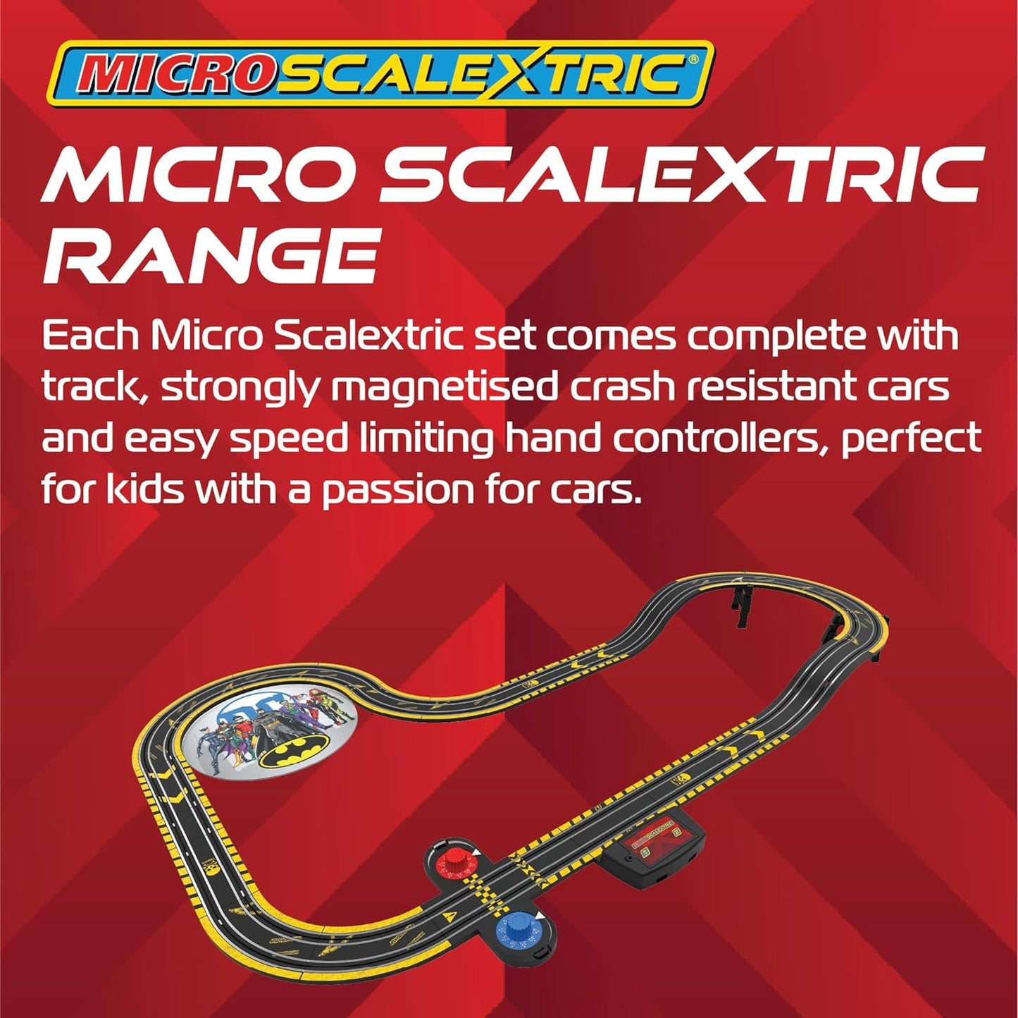Scalextric Micro Scalextric - Batman vs The Riddler - Conjuntos de corrida movidos a bateria, pistas de corrida de Slot Car para crianças de 4 anos ou mais, inclui 2 carros, 1 conjunto de pistas, 1 base de bateria, 2 controladores e gráfico de pista