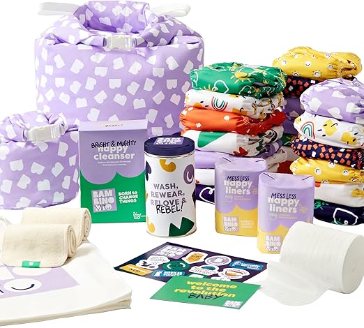 Bambino Mio, Reusable Nappy Set - The Changemaker Bundle, 20 x Nappies, Liners, Boosters, Wet Bags and Cleanser (Brave)